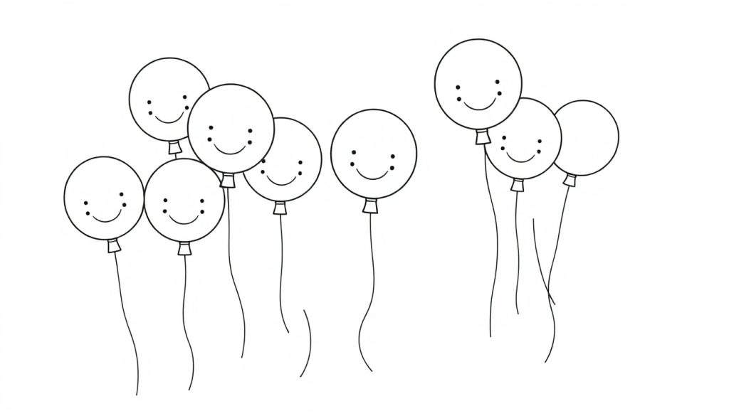 A color panel showing 10 smiling balloons in a black and white line drawing style, with wavy strings, floating upwards.