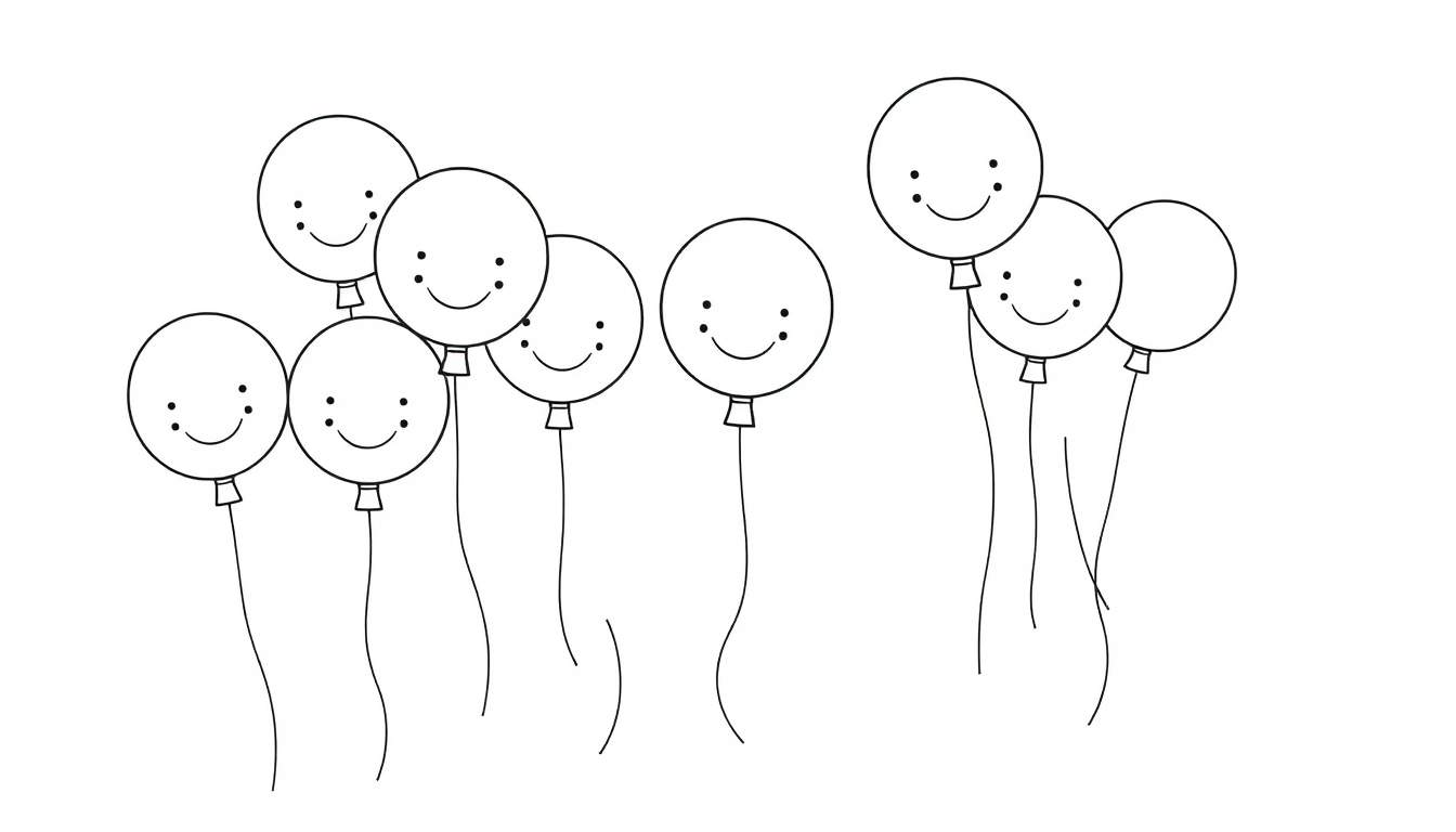 A color panel showing 10 smiling balloons in a black and white line drawing style, with wavy strings, floating upwards.