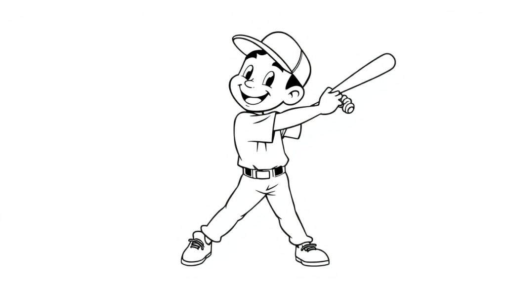 A happy cartoon baseball player in a batting stance, ready to swing. This black and white color panel is perfect for coloring fun!