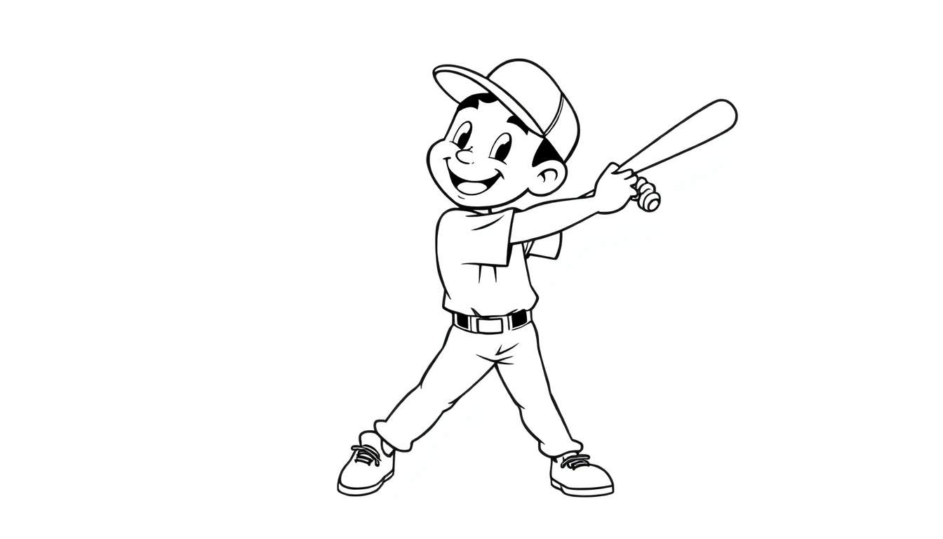 A happy cartoon baseball player in a batting stance, ready to swing. This black and white color panel is perfect for coloring fun!