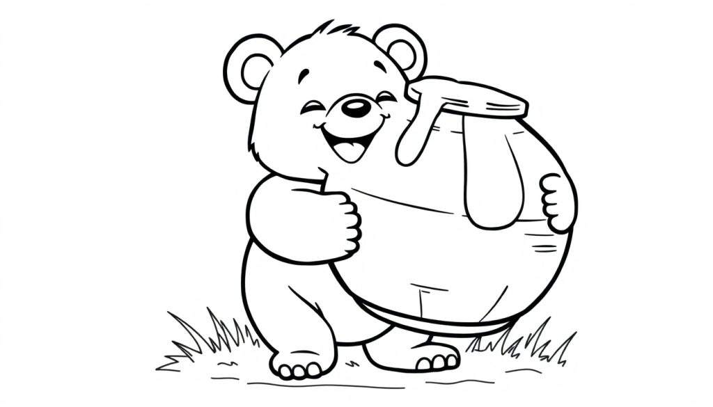 A black and white cartoon bear cub happy with a honey pot, ready for coloring fun on this color panel.