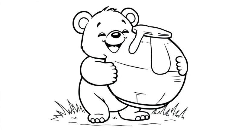 A black and white cartoon bear cub happy with a honey pot, ready for coloring fun on this color panel.