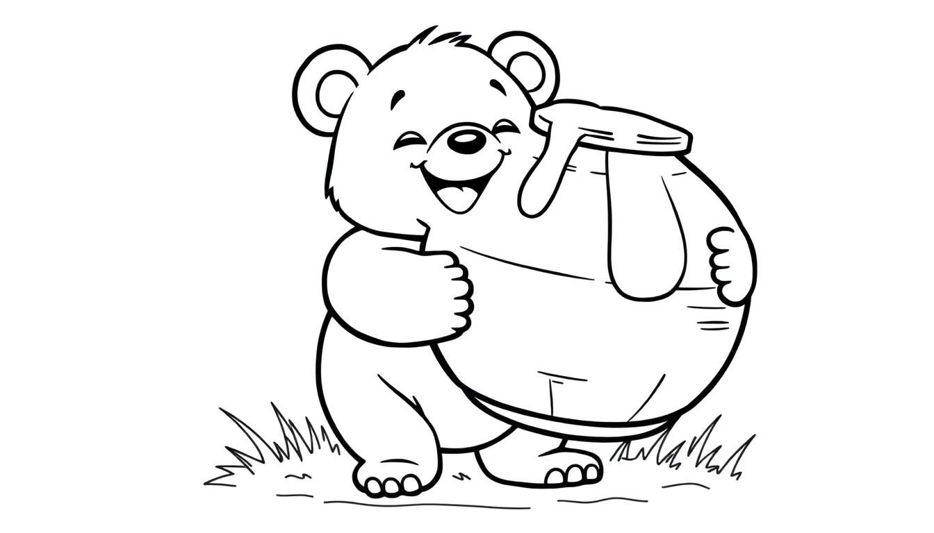A black and white cartoon bear cub happy with a honey pot, ready for coloring fun on this color panel.