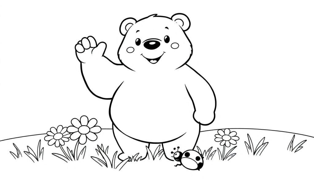 A cute black and white cartoon bear waving hello, in a grassy field with daisies and a ladybug, perfect for a color panel.