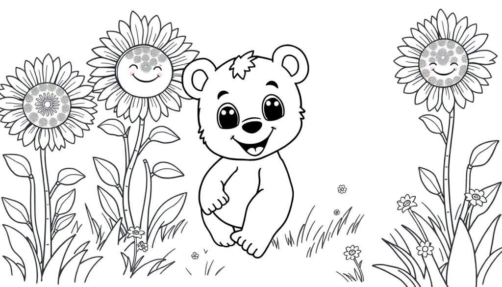 A happy bear cub in a sunflower field, a color panel for kids.
