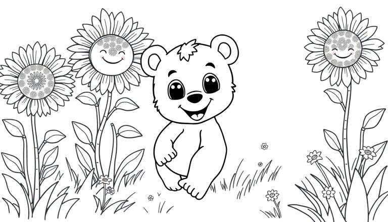A happy bear cub in a sunflower field, a color panel for kids.