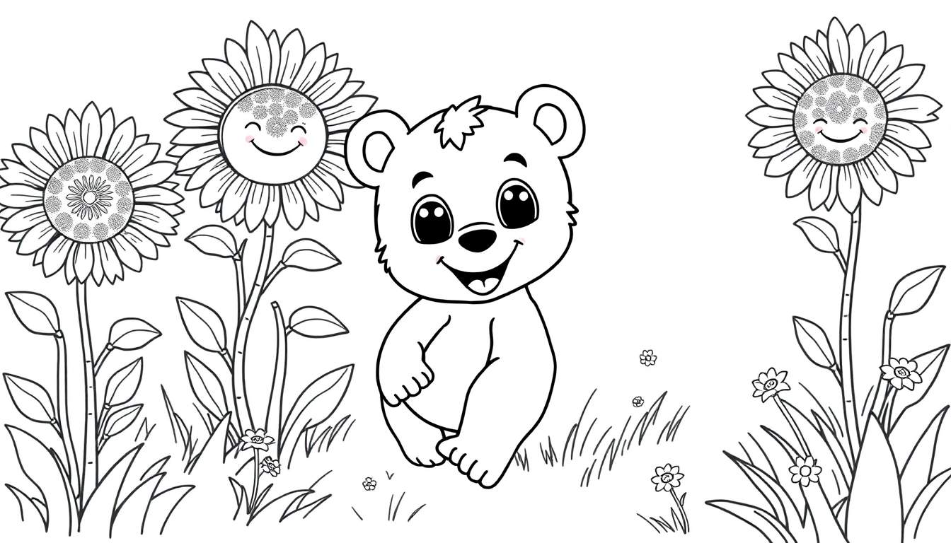 A happy bear cub in a sunflower field, a color panel for kids.
