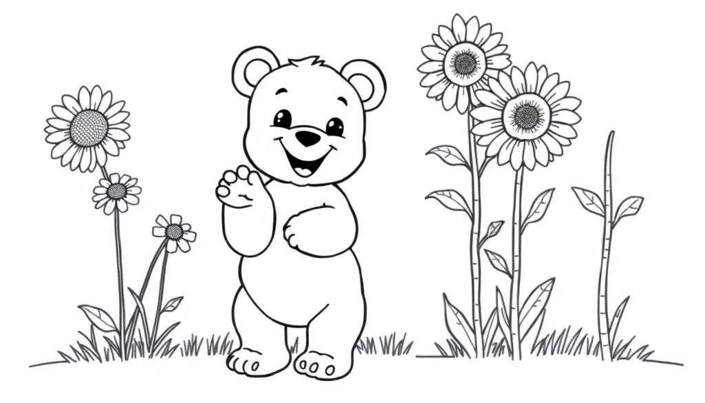 A friendly cartoon bear waving in a sunflower field, black and white color panel.