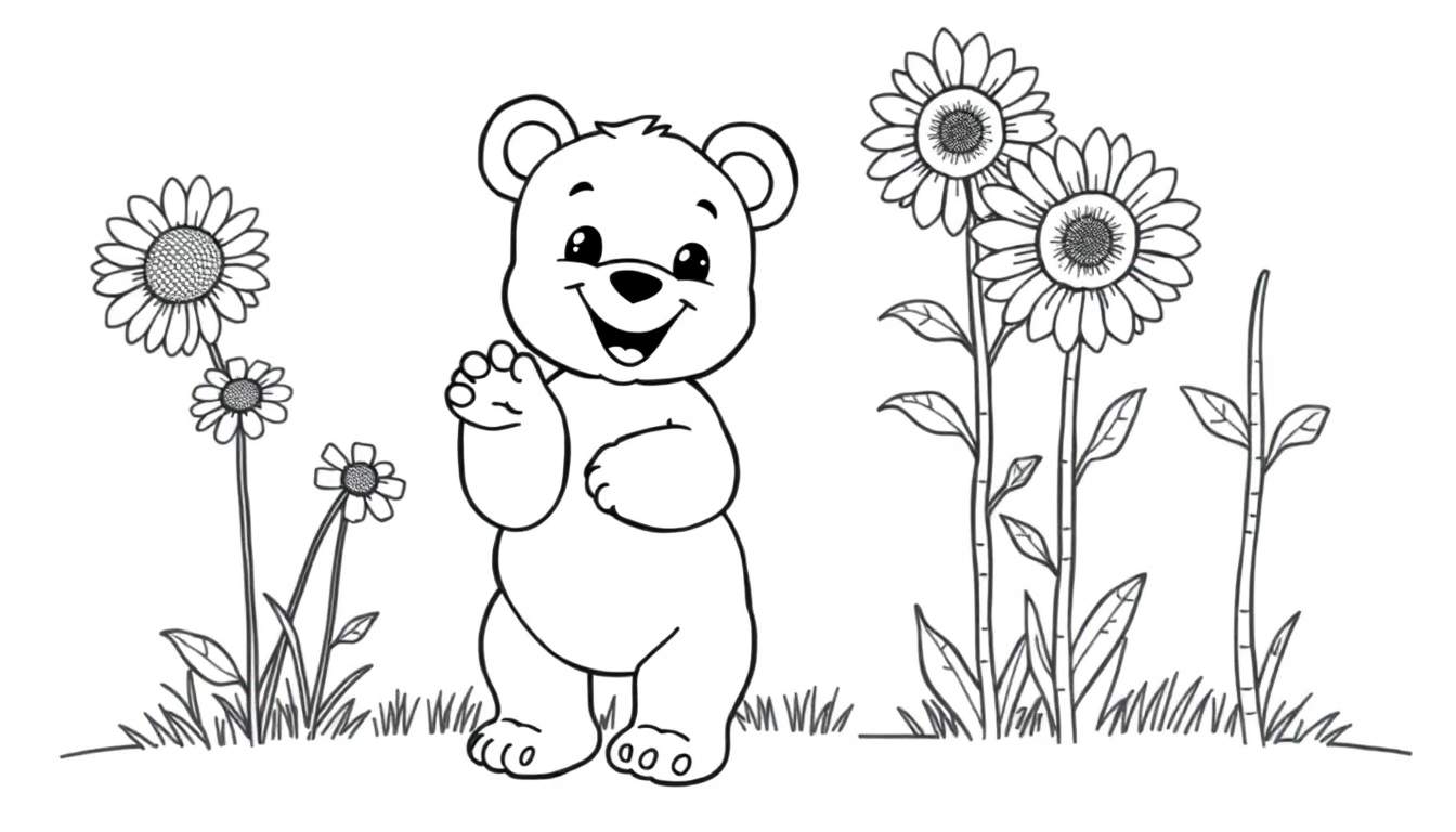 A friendly cartoon bear waving in a sunflower field, black and white color panel.