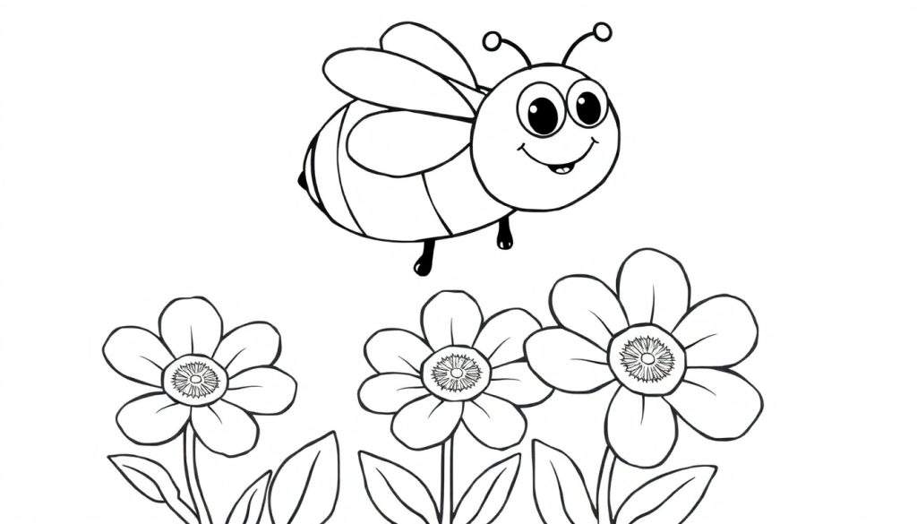 A friendly bee flying towards flowers in a black and white color panel.