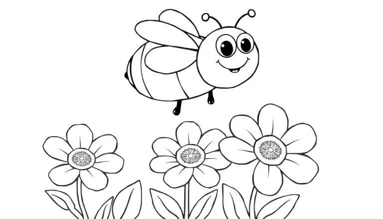A friendly bee flying towards flowers in a black and white color panel.