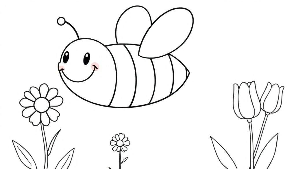 A happy bee flying in a black and white color panel, ready to be colored.