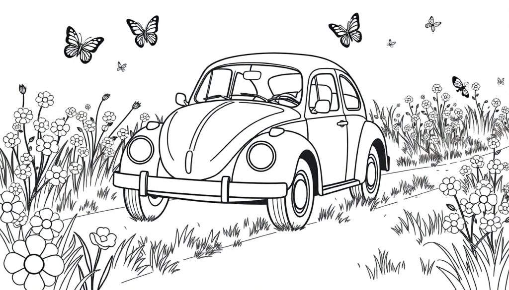 A black and white coloring panel of a happy Volkswagen Beetle driving through a field of flowers with butterflies.