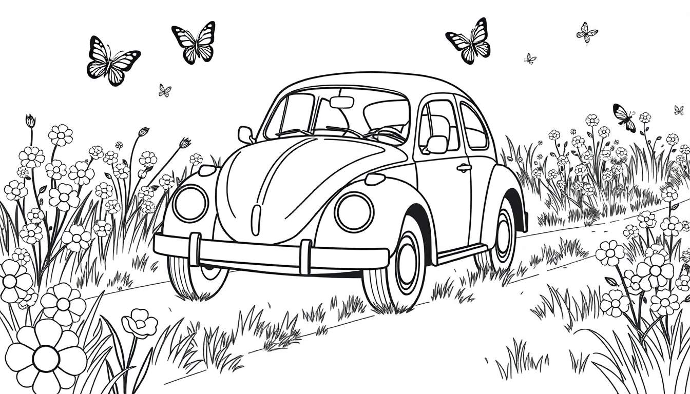 A black and white coloring panel of a happy Volkswagen Beetle driving through a field of flowers with butterflies.