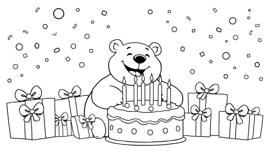 A happy bear with a big smile blowing out candles on a birthday cake, surrounded by presents and confetti. This is a black and white color panel for kids to enjoy coloring.