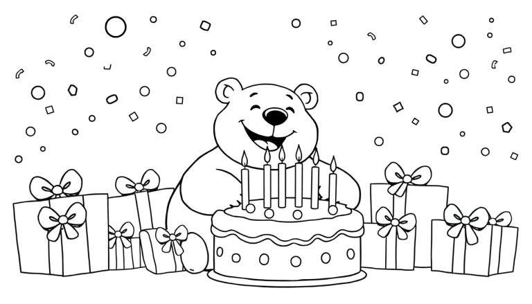 A happy bear with a big smile blowing out candles on a birthday cake, surrounded by presents and confetti. This is a black and white color panel for kids to enjoy coloring.