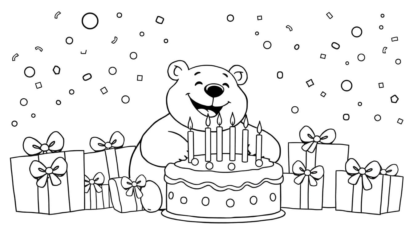 A happy bear with a big smile blowing out candles on a birthday cake, surrounded by presents and confetti. This is a black and white color panel for kids to enjoy coloring.