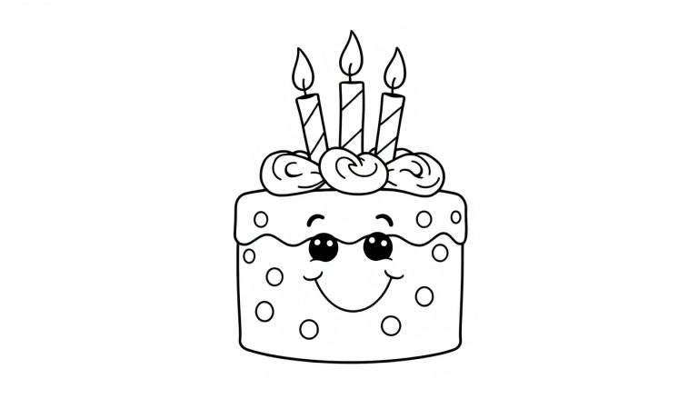 A black and white cartoon of a smiling birthday cake with three lit candles, ready for coloring fun on a color panel.