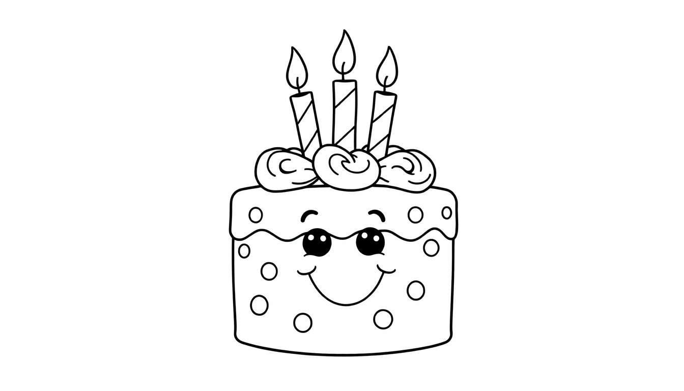 A black and white cartoon of a smiling birthday cake with three lit candles, ready for coloring fun on a color panel.