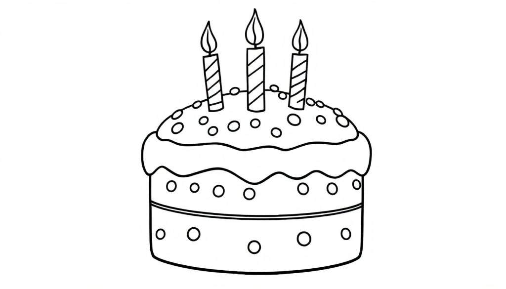 A line drawing of a three-layered birthday cake with lit candles and sprinkles, perfect for a color panel activity.
