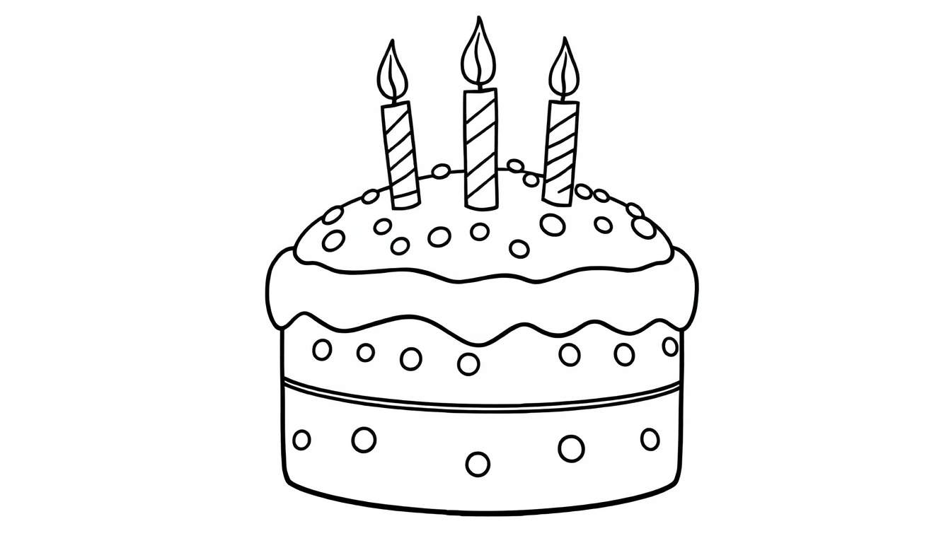 A line drawing of a three-layered birthday cake with lit candles and sprinkles, perfect for a color panel activity.