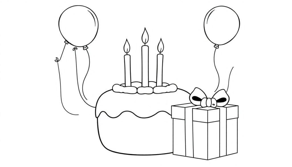 A black and white coloring page showing a birthday cake, present, and balloons, ready for a color panel.