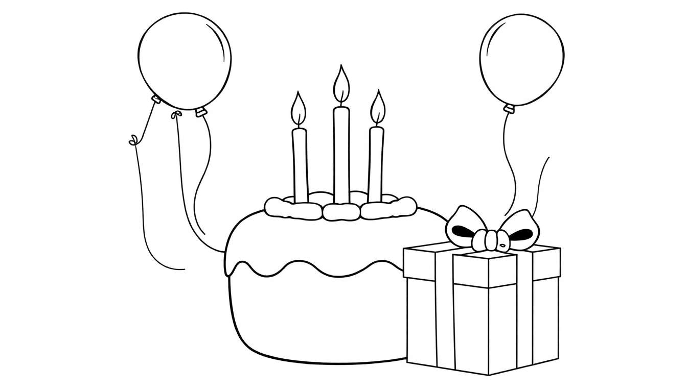 A black and white coloring page showing a birthday cake, present, and balloons, ready for a color panel.
