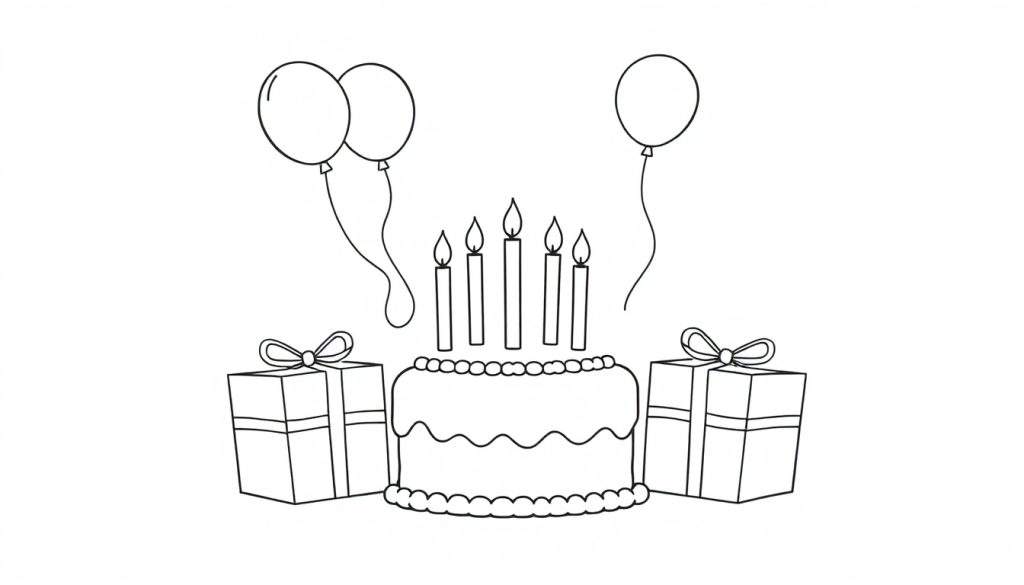 Birthday cake color panel with candles, balloons, and presents for coloring.