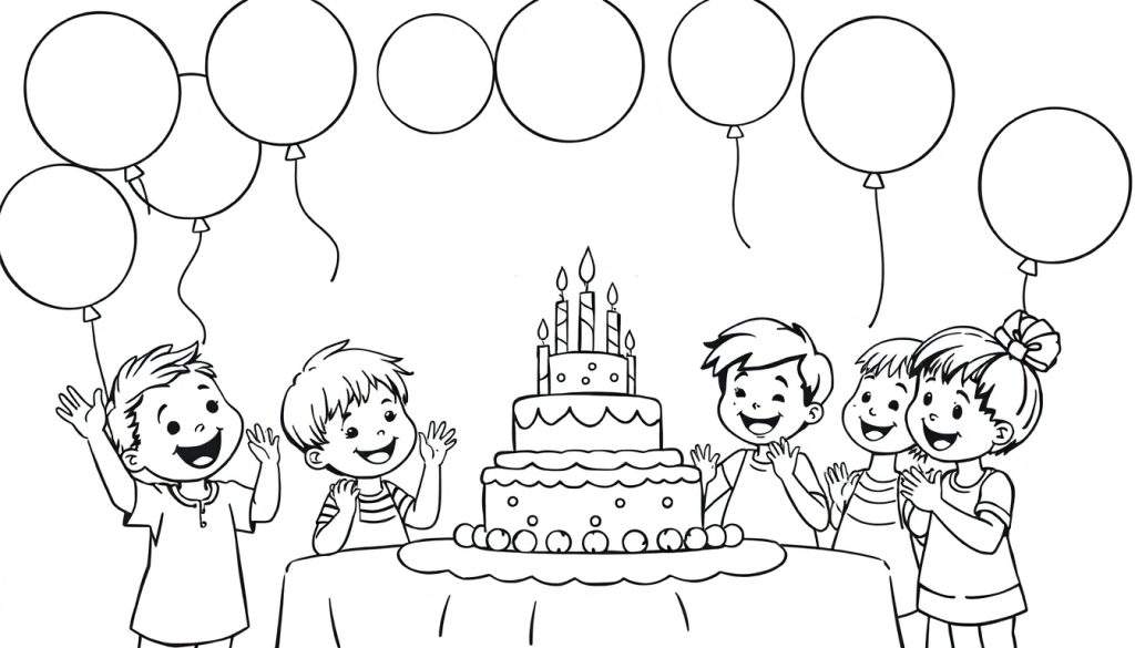 A black and white color panel drawing of children celebrating a birthday with balloons and a cake.