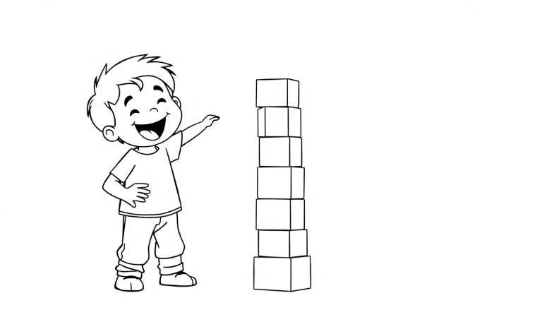 A smiling boy standing next to a tall tower of blocks, a black and white color panel.