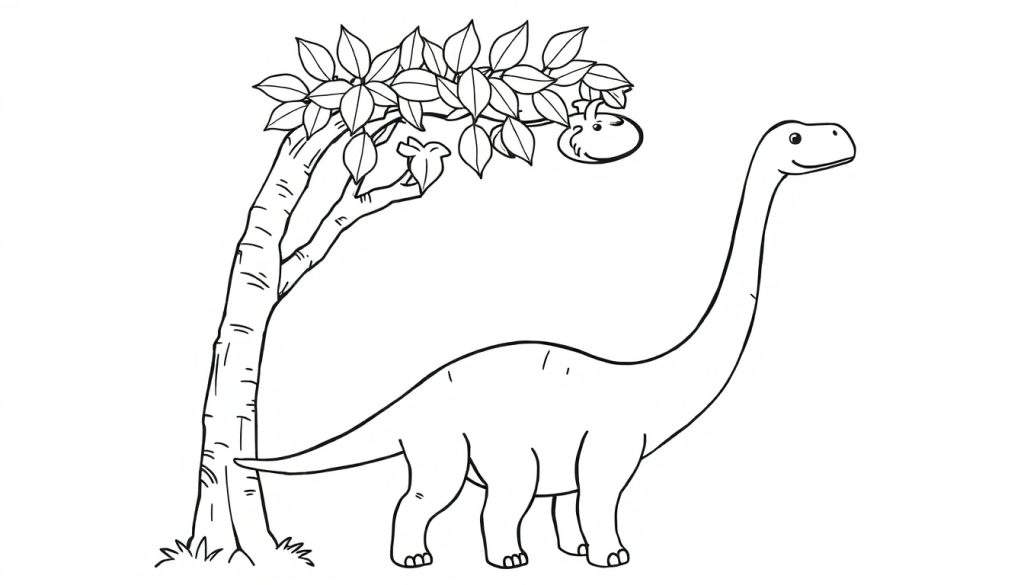 A friendly Brachiosaurus enjoying a snack from a tall tree in this black and white color panel for kids.