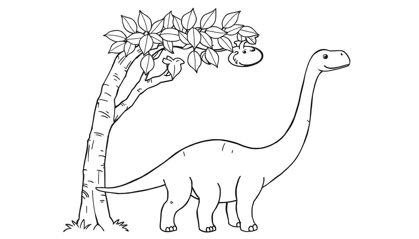 A friendly Brachiosaurus enjoying a snack from a tall tree in this black and white color panel for kids.
