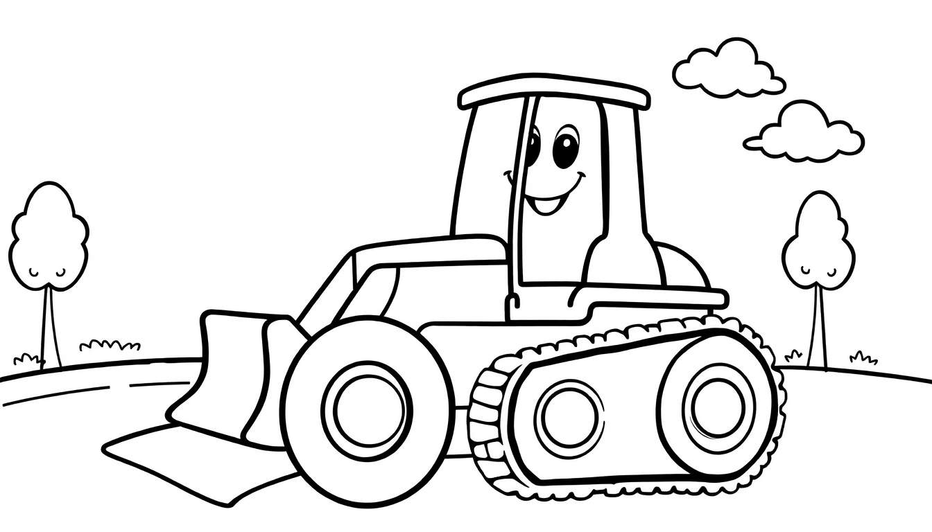 A happy bulldozer with a smiling face in a black and white color panel for kids.