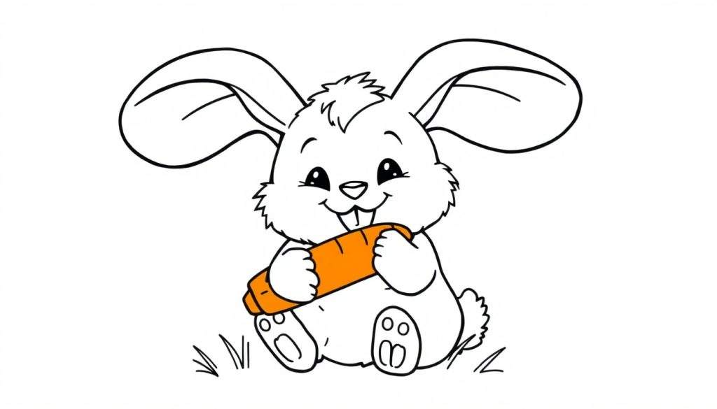 A cute bunny holding an orange carrot on a black and white color panel.