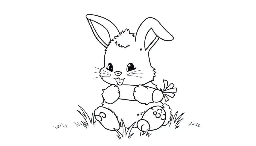 A cute bunny is sitting on grass, holding a carrot with its paws and sticking its tongue out. This black and white coloring panel is perfect for kids.