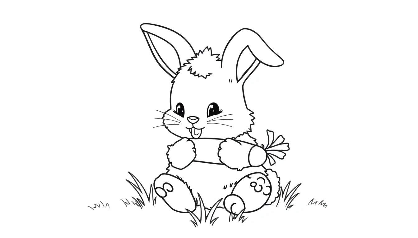 A cute bunny is sitting on grass, holding a carrot with its paws and sticking its tongue out. This black and white coloring panel is perfect for kids.