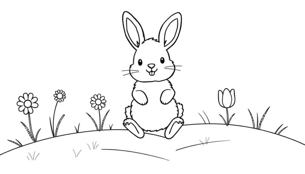 A cute bunny on a grassy hill with flowers, a black and white color panel.