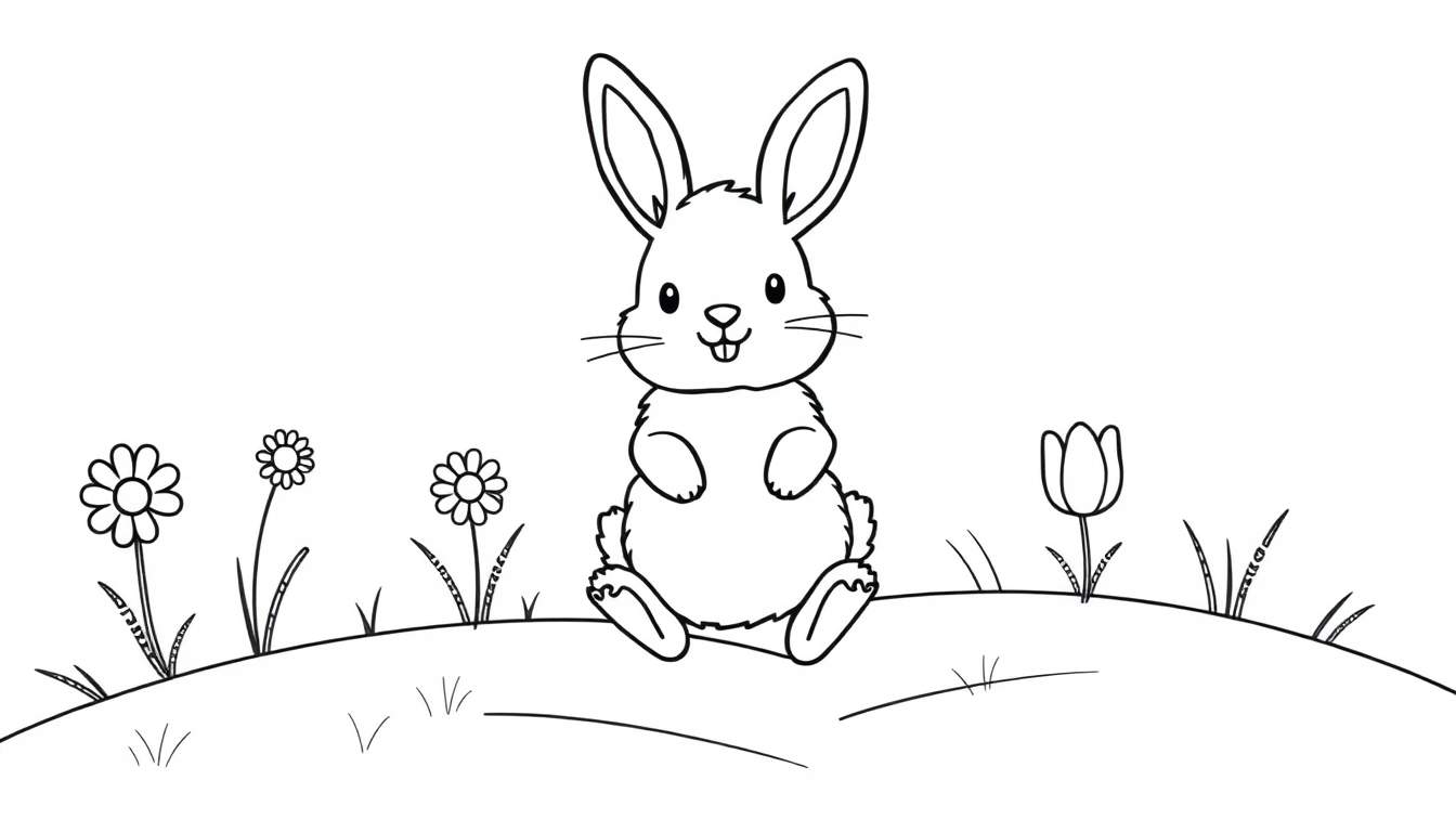 A cute bunny on a grassy hill with flowers, a black and white color panel.