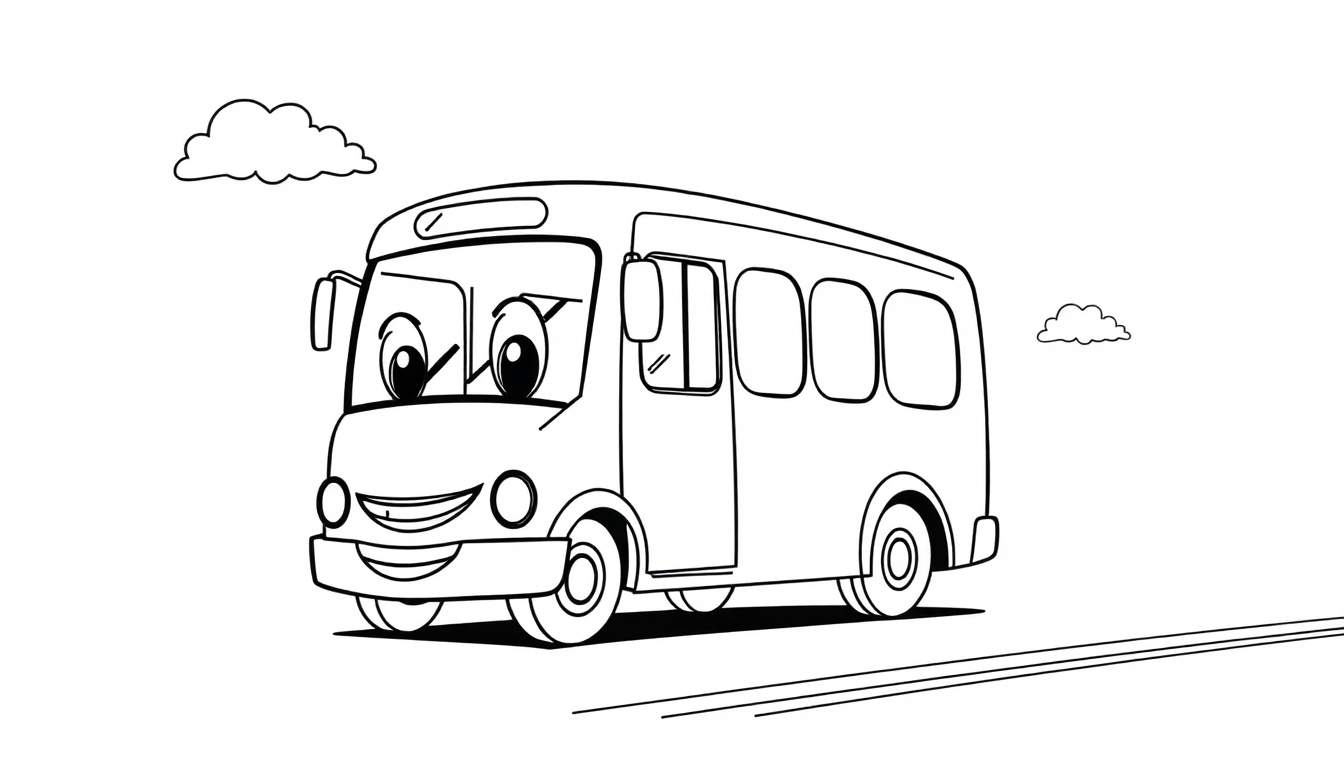 A cute, happy cartoon bus, ready for coloring in a color panel.