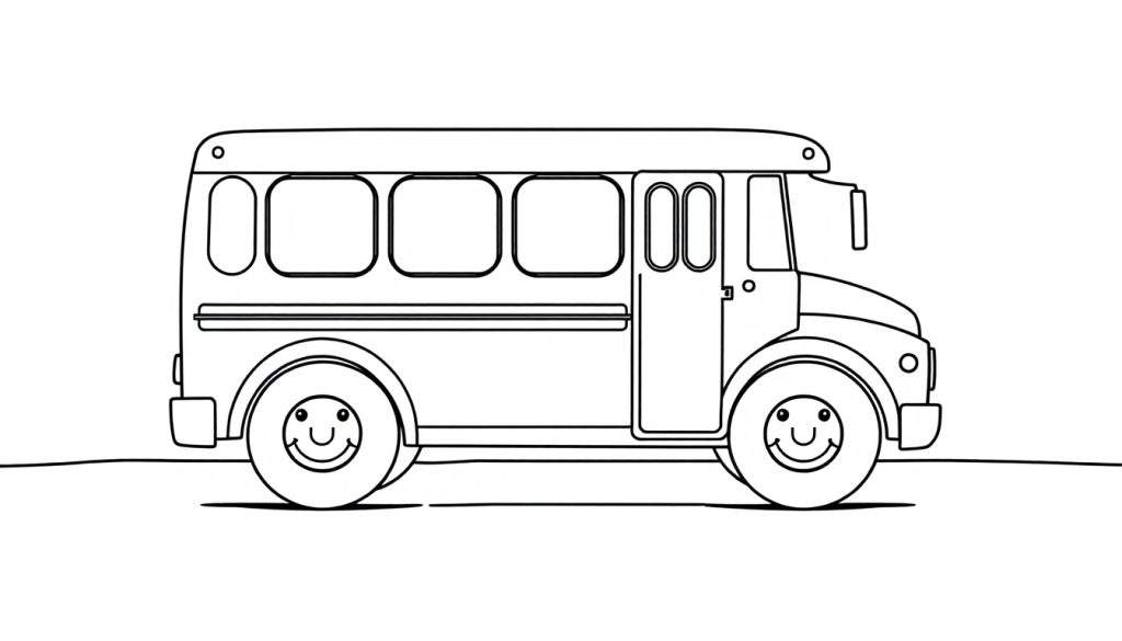 A black and white color panel of a happy school bus with big smiling wheels.