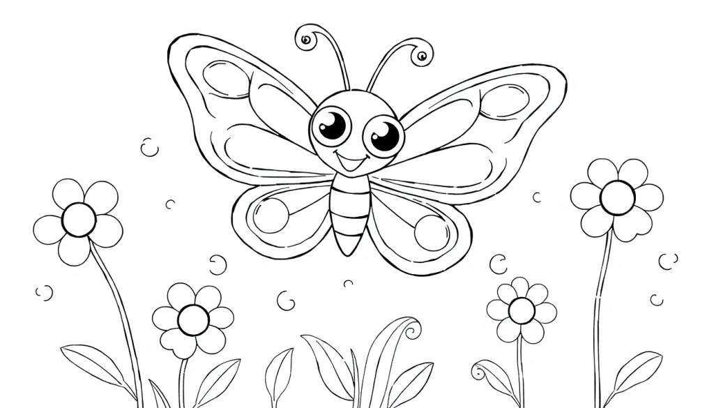 A happy butterfly on a color panel with flowers and swirls.