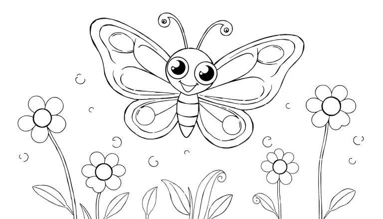 A happy butterfly on a color panel with flowers and swirls.