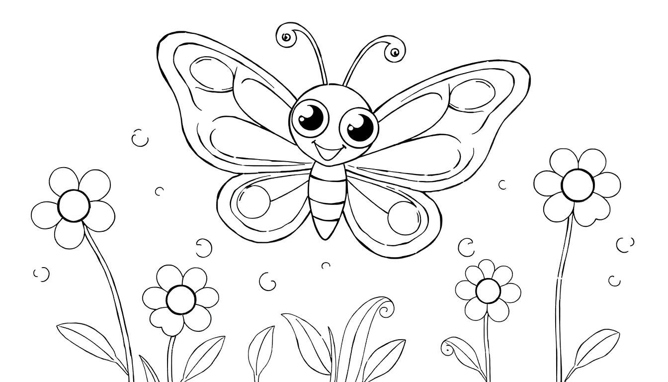 A happy butterfly on a color panel with flowers and swirls.