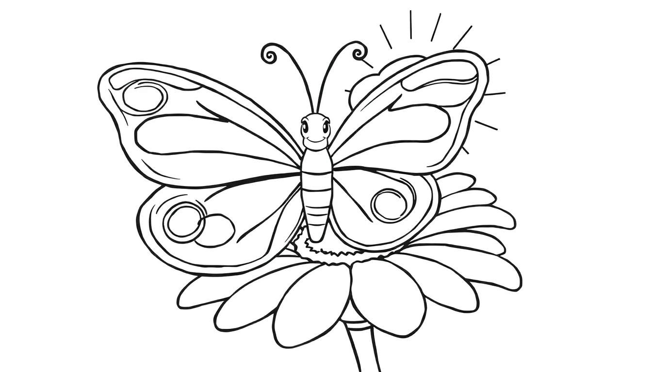 A happy butterfly with swirly wings, ready for a color panel, perched on a flower.