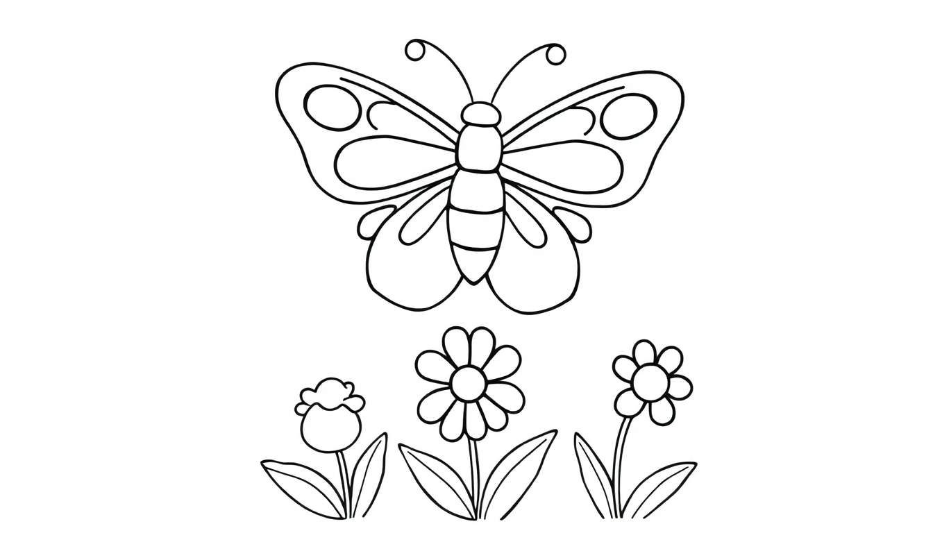A friendly butterfly with big, happy wings in a color panel, surrounded by simple flowers.