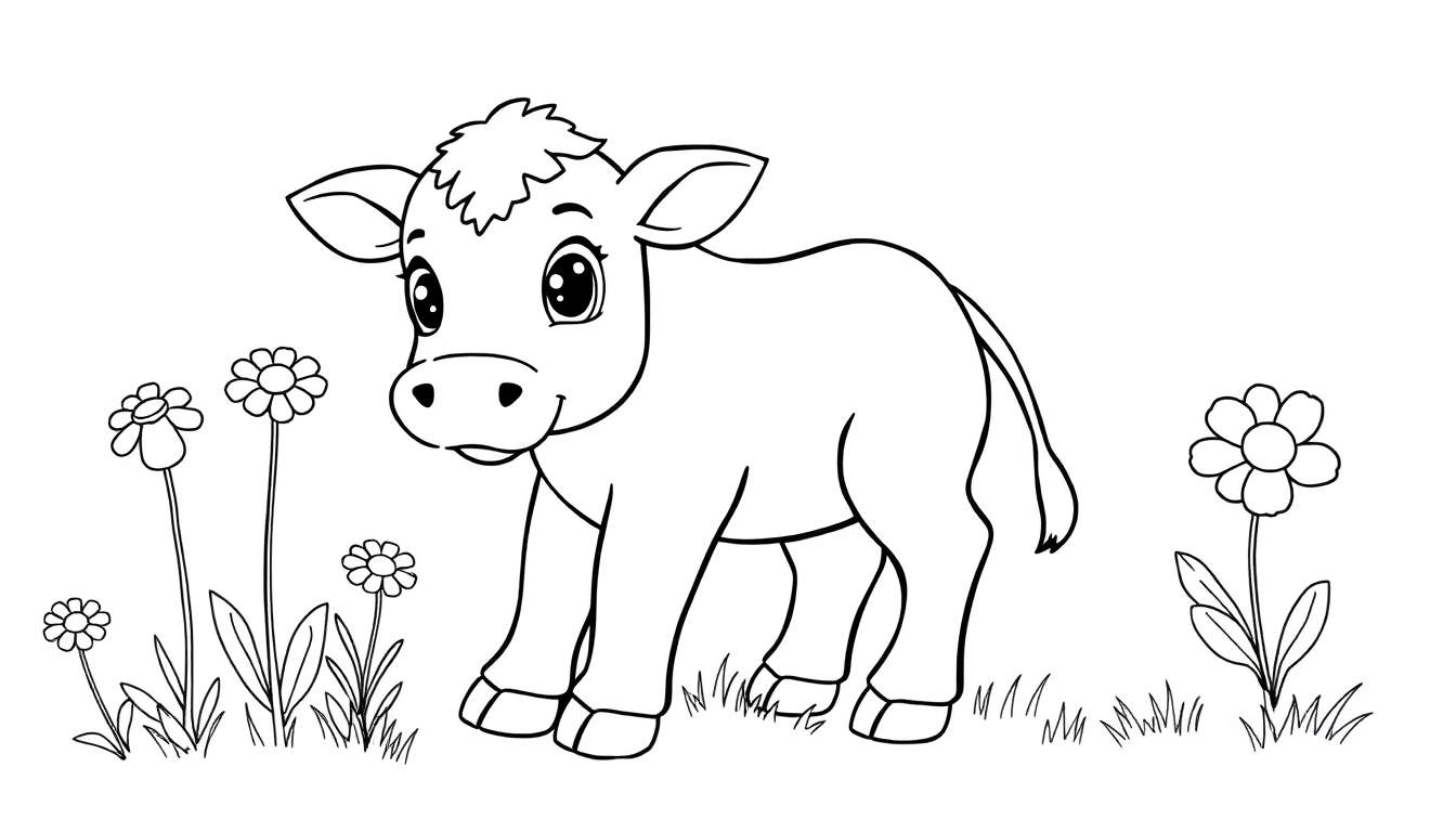 A black and white drawing of a cute baby calf in a flower field, ready for coloring. This color panel shows a happy calf.