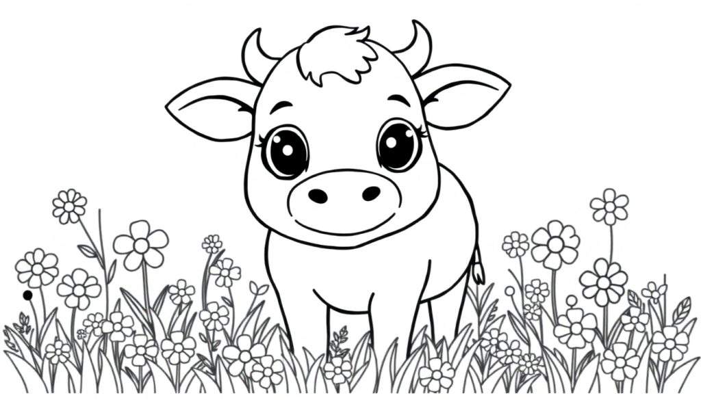 A black and white cartoon calf, ready for coloring, in a field of flowers. A delightful color panel awaits!