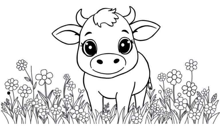 A black and white cartoon calf, ready for coloring, in a field of flowers. A delightful color panel awaits!