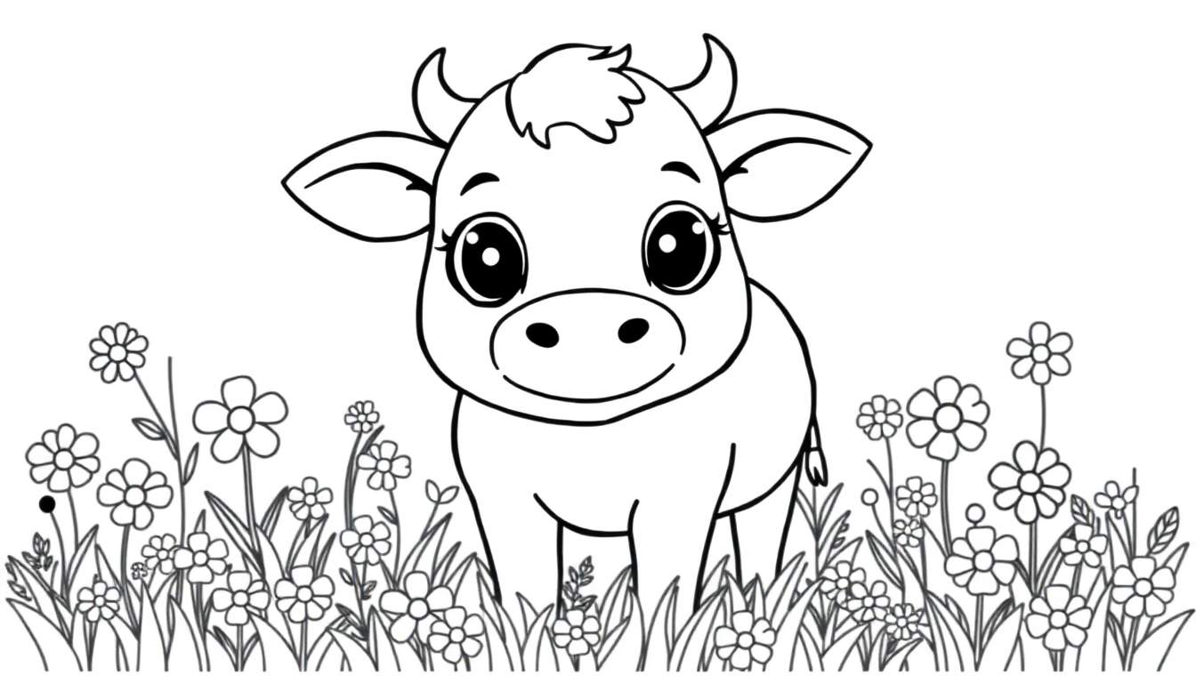 A black and white cartoon calf, ready for coloring, in a field of flowers. A delightful color panel awaits!