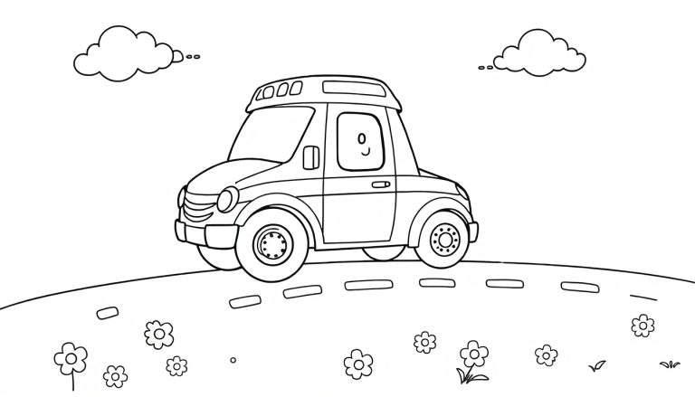 A friendly car with a face, ready to be colored in this black and white color panel.